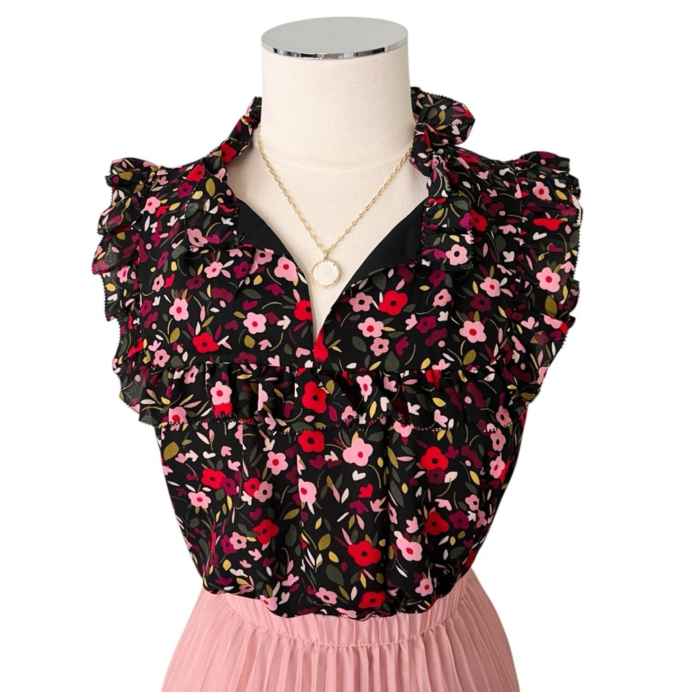 KATE SPADE NY Black Pink Red Multicolored Blouse Size Small Floral Ruffle Top